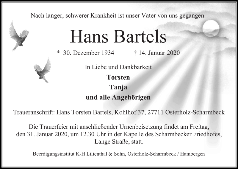  Traueranzeige für Hans Bartels vom 28.01.2020 aus Osterholzer Kreisblatt
