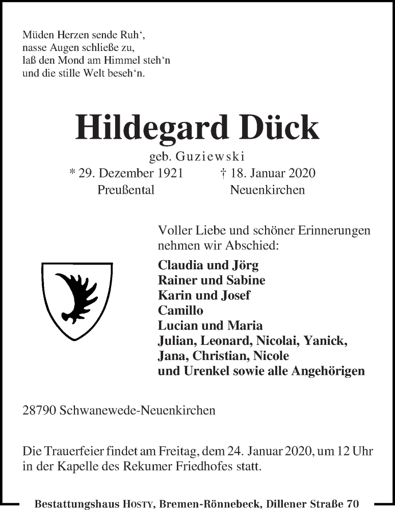 Traueranzeige von Hildegard Dück von Die Norddeutsche