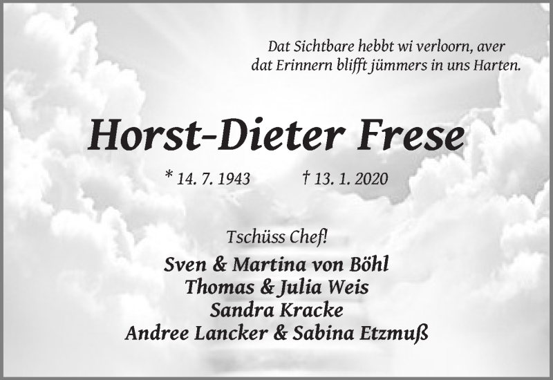  Traueranzeige für Horst-Dieter Frese vom 18.01.2020 aus WESER-KURIER