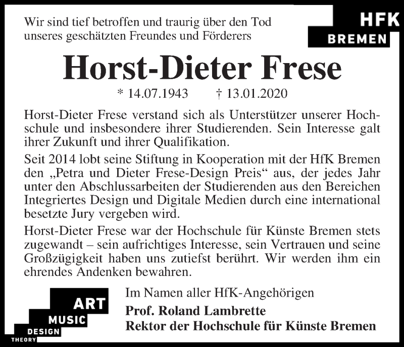  Traueranzeige für Horst-Dieter Frese vom 18.01.2020 aus WESER-KURIER