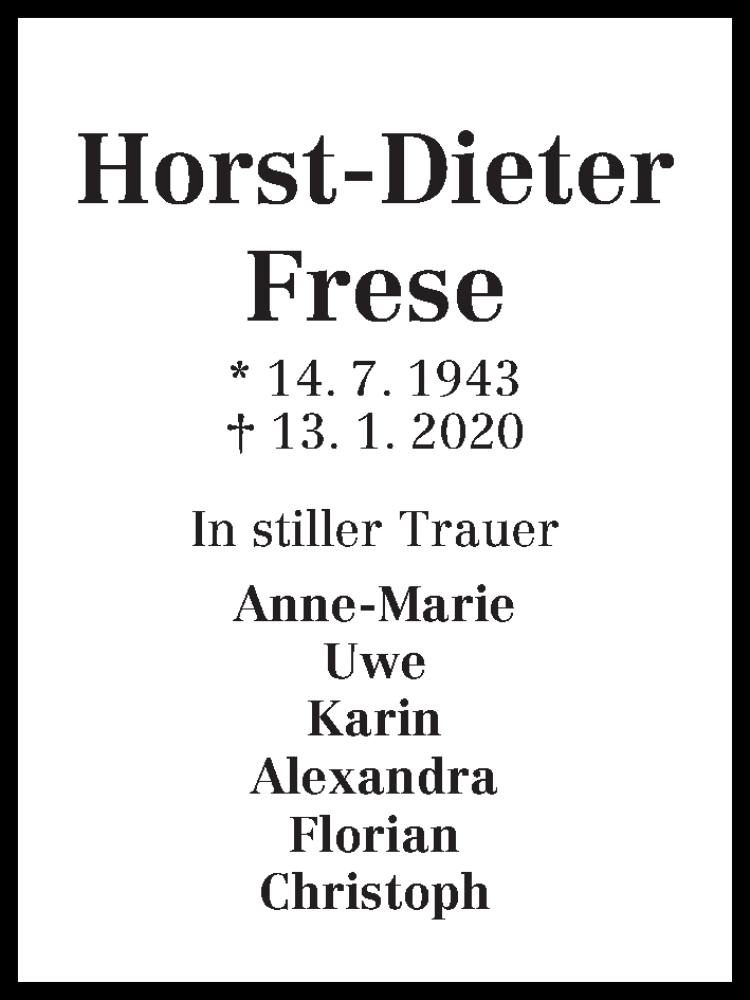  Traueranzeige für Horst-Dieter Frese vom 22.01.2020 aus WESER-KURIER