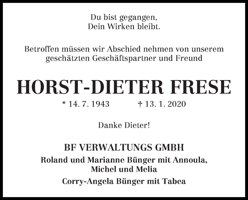 Traueranzeige für Horst-Dieter Frese vom 25.01.2020 aus WESER-KURIER