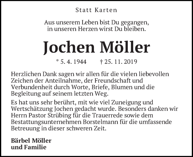  Traueranzeige für Jochen Möller vom 04.01.2020 aus WESER-KURIER