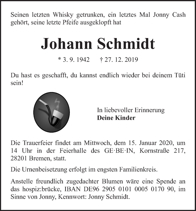  Traueranzeige für Johann Schmidt vom 04.01.2020 aus WESER-KURIER