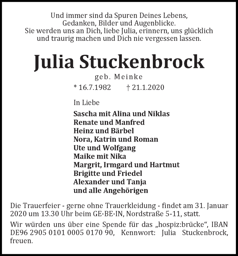  Traueranzeige für Julia Stuckenbrock vom 25.01.2020 aus WESER-KURIER
