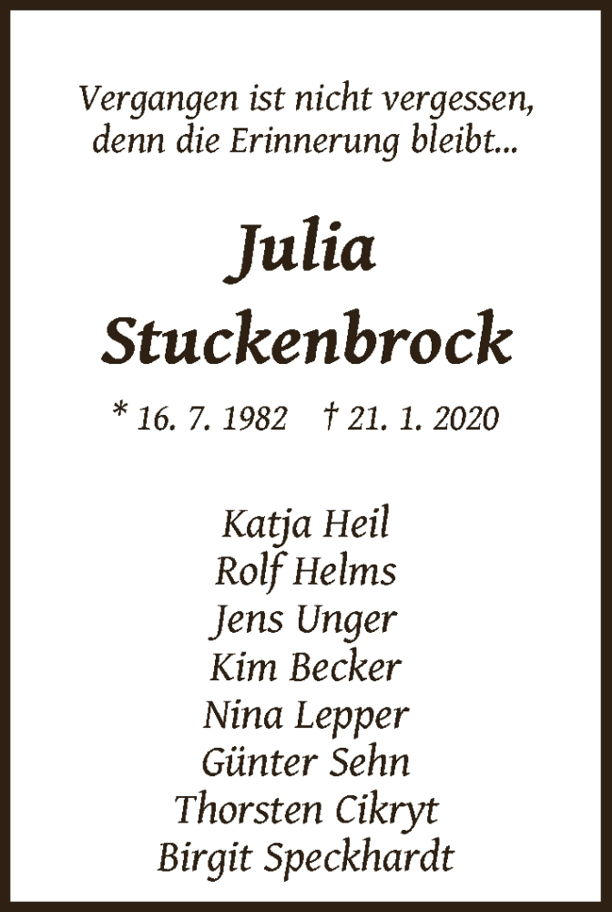  Traueranzeige für Julia Stuckenbrock vom 25.01.2020 aus WESER-KURIER