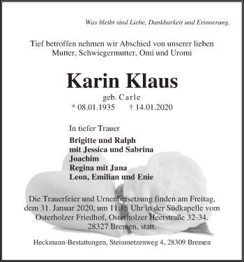 Traueranzeige von Karin Klaus