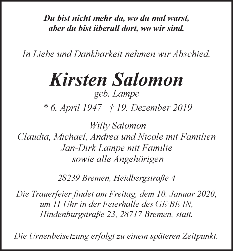  Traueranzeige für Kirsten Salomon vom 04.01.2020 aus Die Norddeutsche