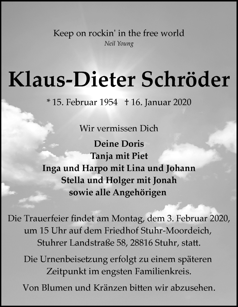  Traueranzeige für Klaus-Dieter Schröder vom 25.01.2020 aus WESER-KURIER