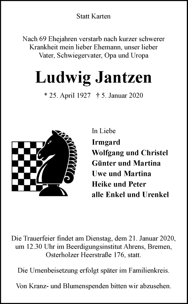  Traueranzeige für Ludwig Jantzen vom 11.01.2020 aus WESER-KURIER