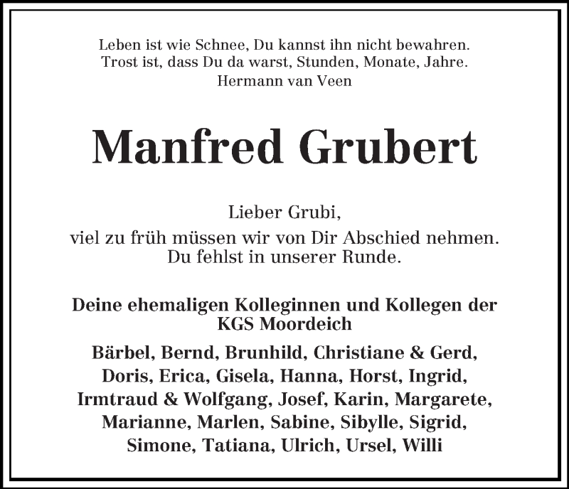  Traueranzeige für Manfred Grubert vom 18.01.2020 aus WESER-KURIER