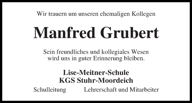  Traueranzeige für Manfred Grubert vom 25.01.2020 aus WESER-KURIER