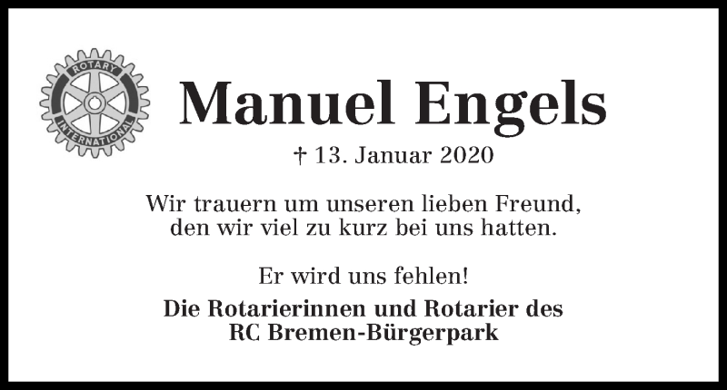  Traueranzeige für Manuel Engels vom 22.01.2020 aus WESER-KURIER