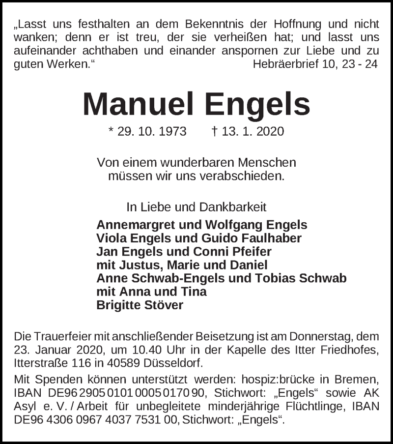  Traueranzeige für Manuel Engels vom 17.01.2020 aus WESER-KURIER