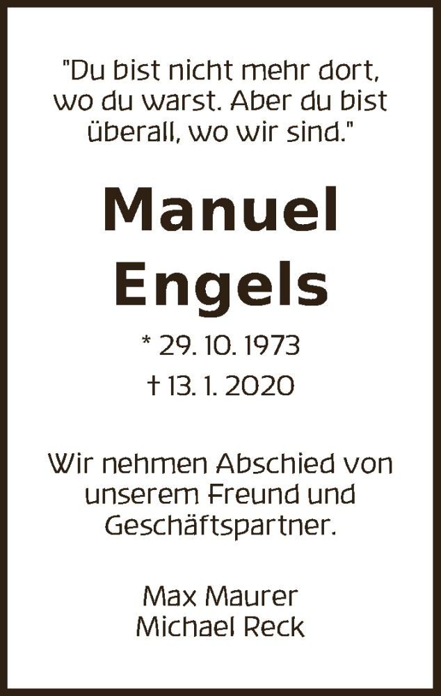  Traueranzeige für Manuel Engels vom 22.01.2020 aus WESER-KURIER