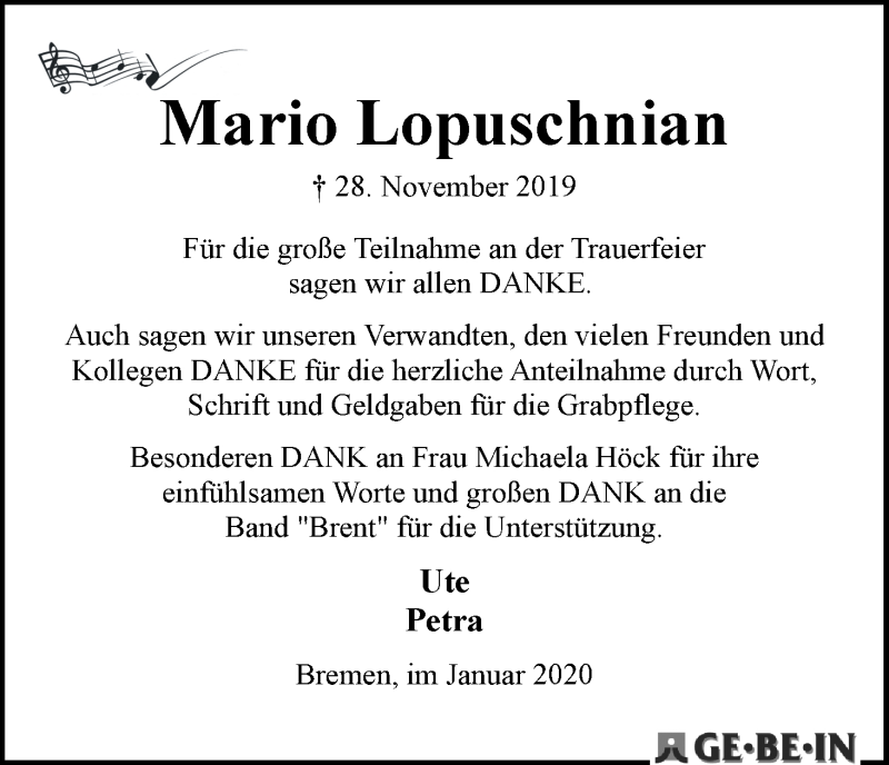  Traueranzeige für Mario Lopuschnian vom 25.01.2020 aus WESER-KURIER