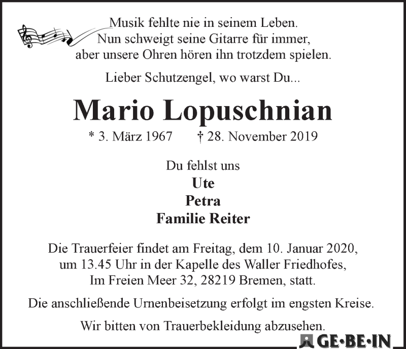  Traueranzeige für Mario Lopuschnian vom 04.01.2020 aus WESER-KURIER