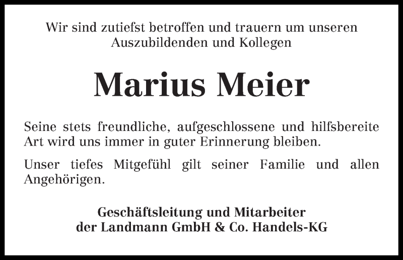  Traueranzeige für Marius Meier vom 24.01.2020 aus Osterholzer Kreisblatt
