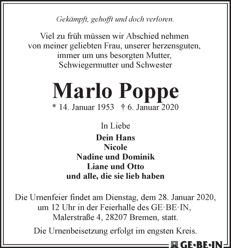  Traueranzeige für Marlo Poppe vom 18.01.2020 aus WESER-KURIER