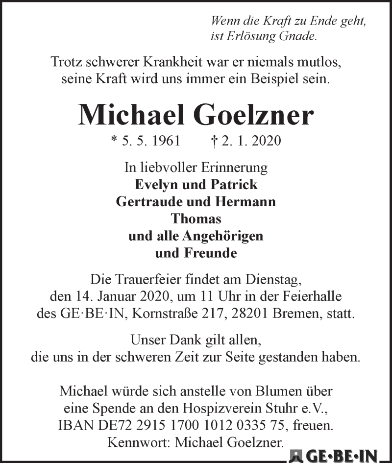  Traueranzeige für Michael Goelzner vom 11.01.2020 aus WESER-KURIER