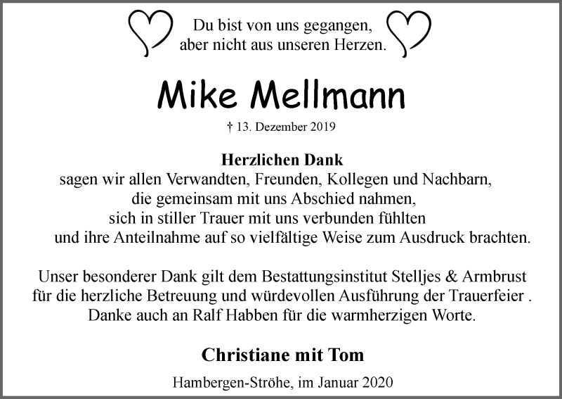  Traueranzeige für Mike Mellmann vom 29.01.2020 aus Osterholzer Kreisblatt