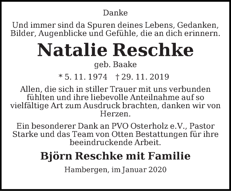  Traueranzeige für Natalie Reschke vom 11.01.2020 aus Osterholzer Kreisblatt