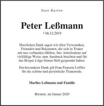 Traueranzeige von Peter Leßmann