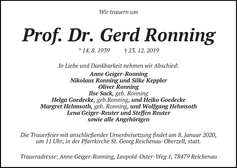  Traueranzeige für Prof. Dr. Gerd Ronning vom 04.01.2020 aus WESER-KURIER