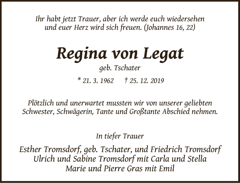  Traueranzeige für Regina von Legat vom 03.01.2020 aus WESER-KURIER