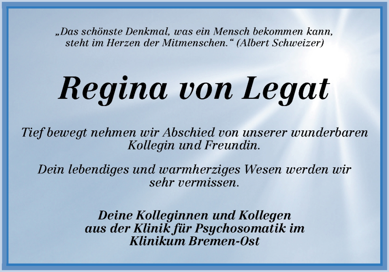  Traueranzeige für Regina von Legat vom 03.01.2020 aus WESER-KURIER