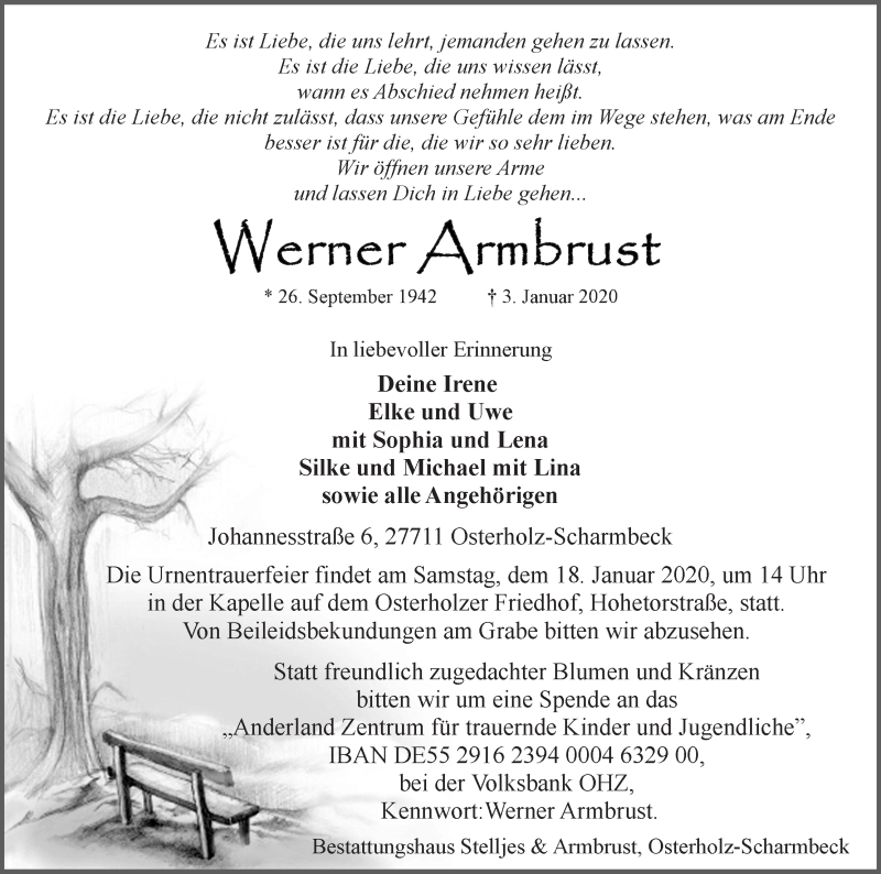  Traueranzeige für Werner Armbrust vom 08.01.2020 aus Osterholzer Kreisblatt
