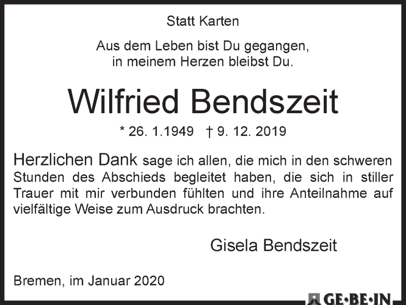  Traueranzeige für Wilfried Bendszeit vom 11.01.2020 aus WESER-KURIER