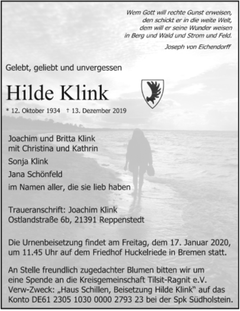  Traueranzeige für Hilde Klink vom 11.01.2020 aus WESER-KURIER