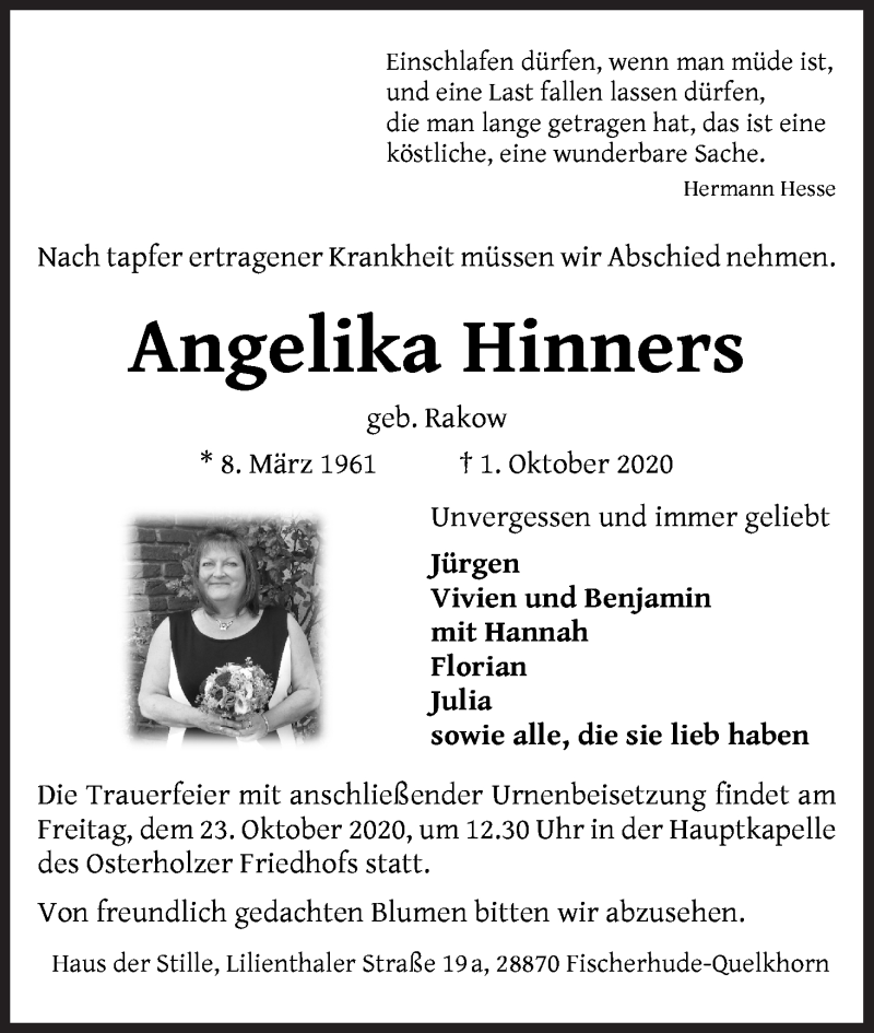  Traueranzeige für Angelika Hinners vom 07.10.2020 aus WESER-KURIER