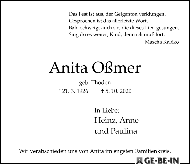 Traueranzeige von Anita Oßmer von Die Norddeutsche