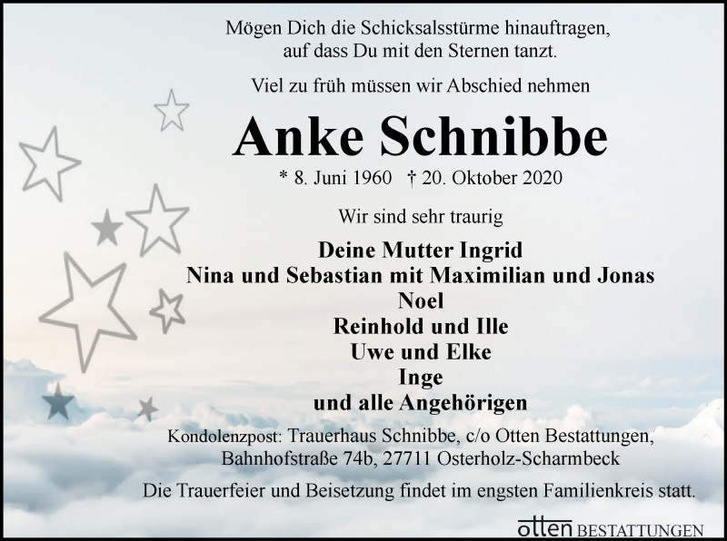  Traueranzeige für Anke Schnibbe vom 30.10.2020 aus Osterholzer Kreisblatt