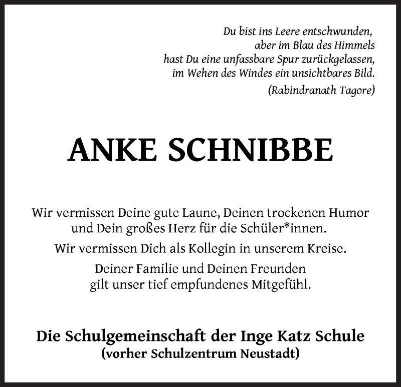  Traueranzeige für Anke Schnibbe vom 30.10.2020 aus WESER-KURIER