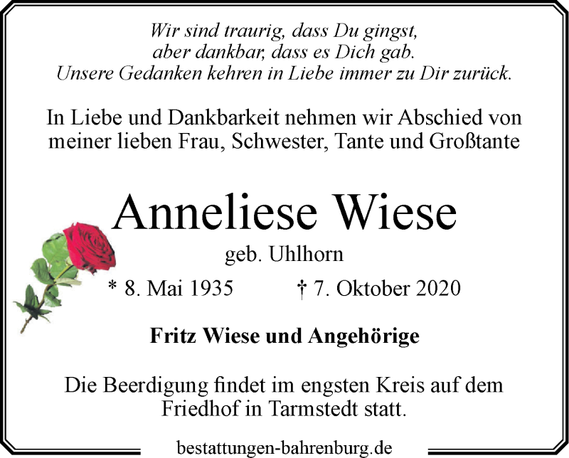 Traueranzeige von Anneliese Wiese von WESER-KURIER