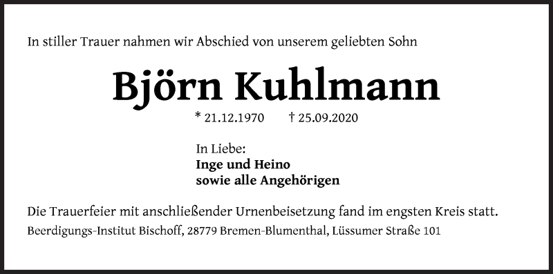  Traueranzeige für Björn Kuhlmann vom 17.10.2020 aus Die Norddeutsche