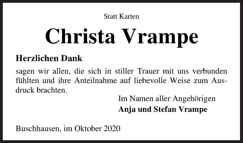 Traueranzeige von Christa Vrampe von Osterholzer Kreisblatt