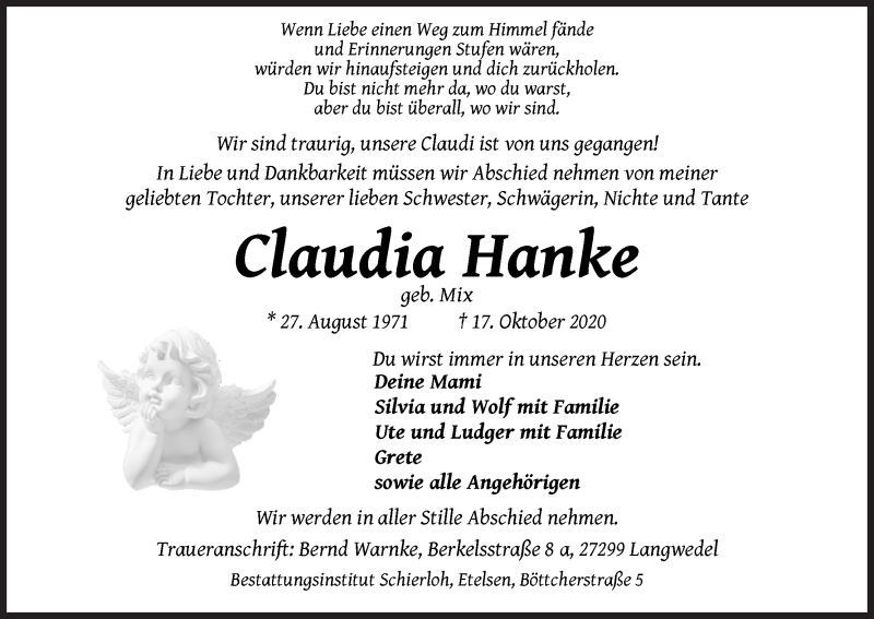  Traueranzeige für Claudia Hanke vom 24.10.2020 aus WESER-KURIER