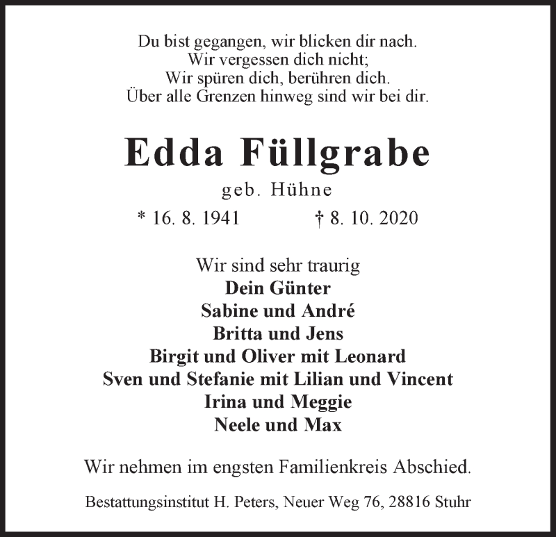  Traueranzeige für Edda Füllgrabe vom 17.10.2020 aus WESER-KURIER