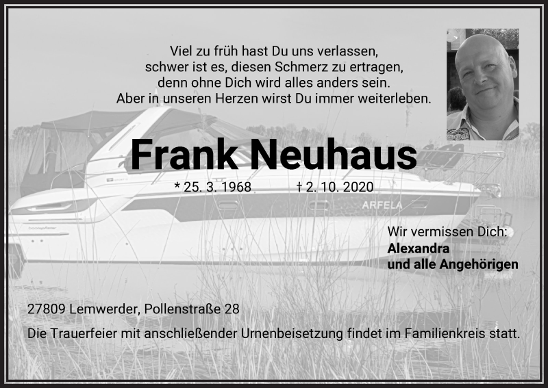  Traueranzeige für Frank Neuhaus vom 06.10.2020 aus Die Norddeutsche