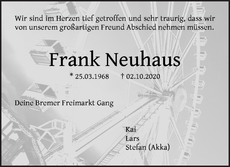  Traueranzeige für Frank Neuhaus vom 08.10.2020 aus WESER-KURIER