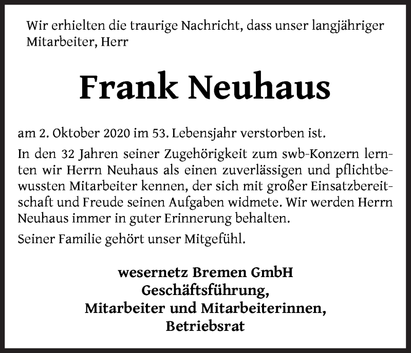  Traueranzeige für Frank Neuhaus vom 10.10.2020 aus WESER-KURIER