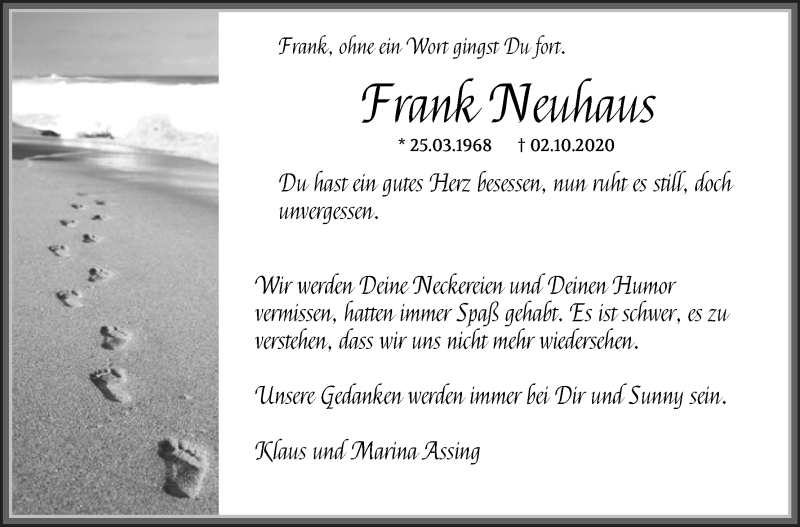  Traueranzeige für Frank Neuhaus vom 08.10.2020 aus Die Norddeutsche
