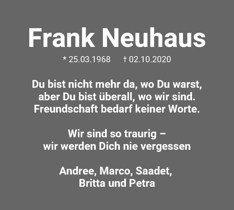  Traueranzeige für Frank Neuhaus vom 08.10.2020 aus WESER-KURIER