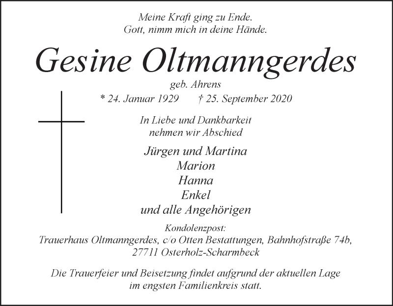  Traueranzeige für Gesine Oltmanngerdes vom 01.10.2020 aus Osterholzer Kreisblatt