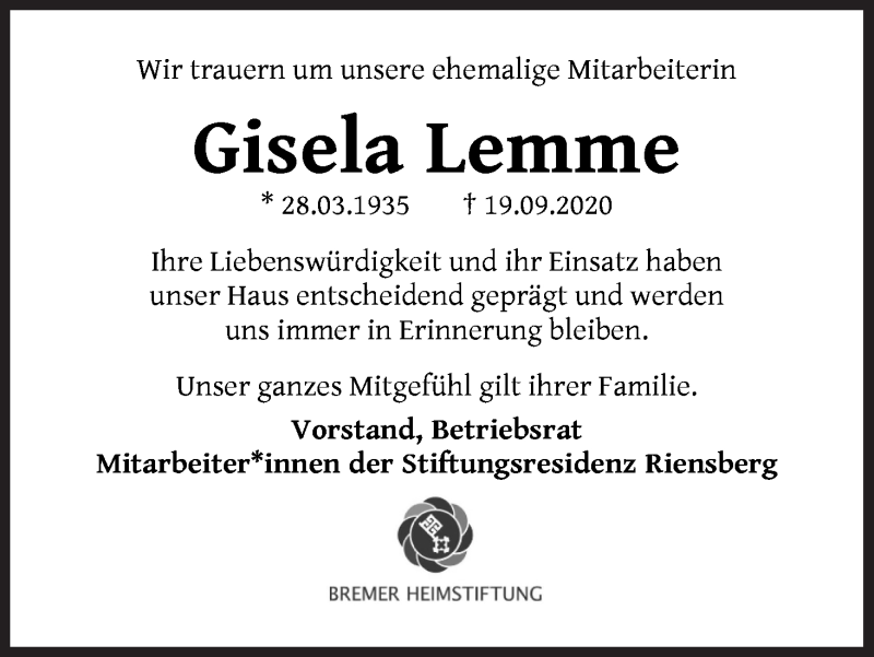  Traueranzeige für Gisela Lemme vom 10.10.2020 aus WESER-KURIER