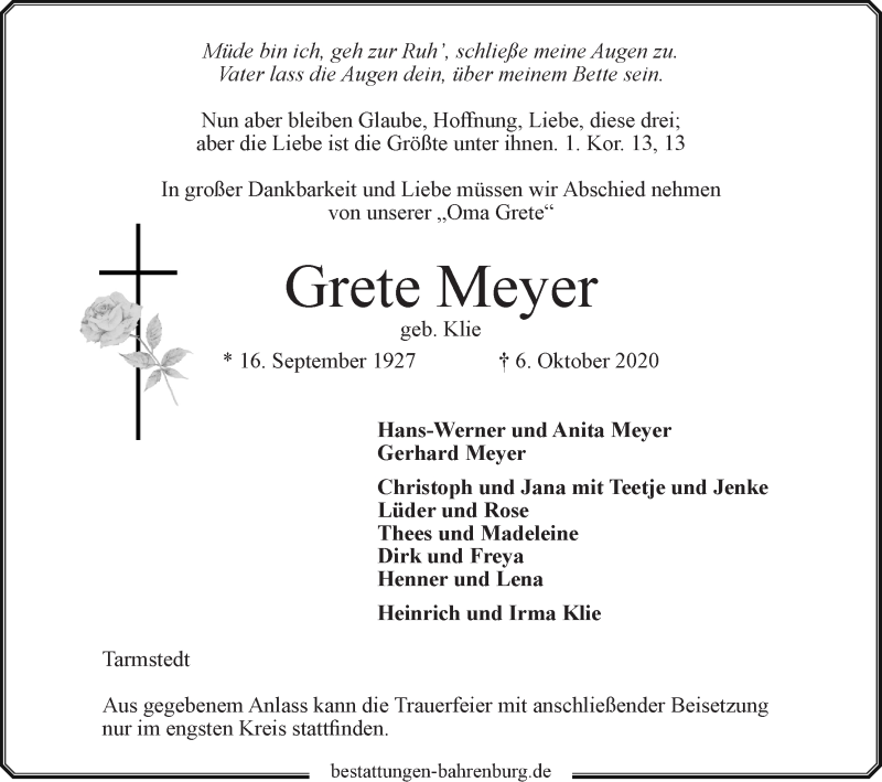 Traueranzeige von Grete Meyer von Wuemme Zeitung